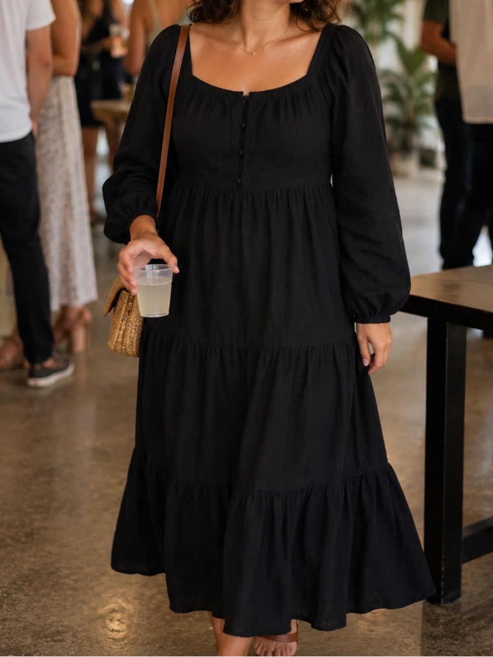 Old Navy Black Tiered Women's Midi Dress Milkmaid‎ Minimalist | Black